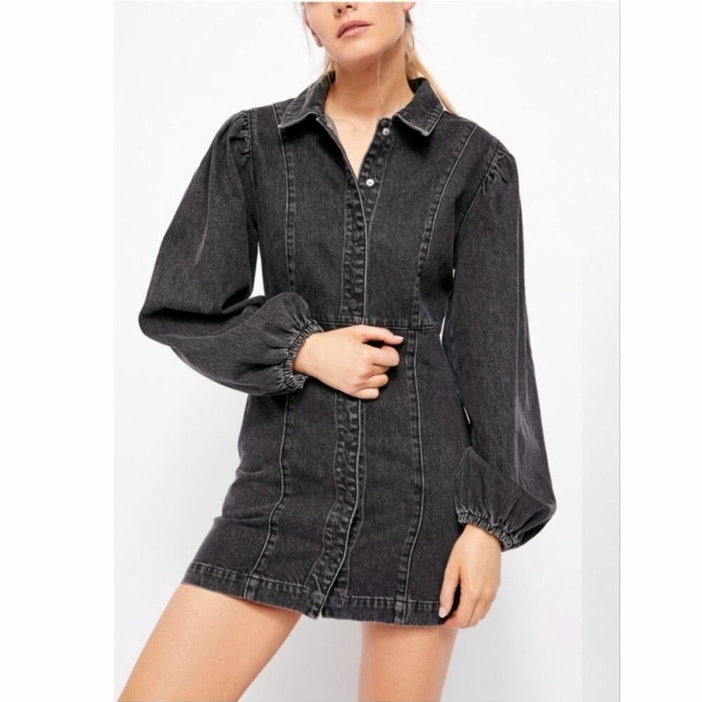 Free People Black Lia Denim Mini Dress Medium EUC